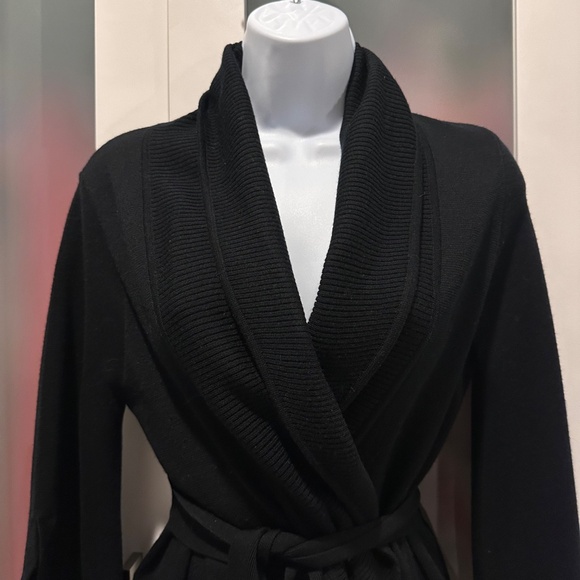 BCBGMaxAzria Black Merino Wool Knit Wrap Belted Cardigan Sweater Jacket Small - Picture 7 of 16